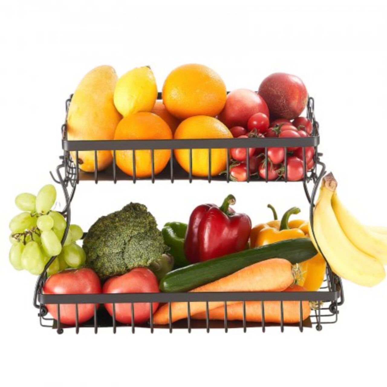 Matte Black Iron 2-Tier Countertop Fruit Basket with Detachable Baskets and Non-Slip Feet